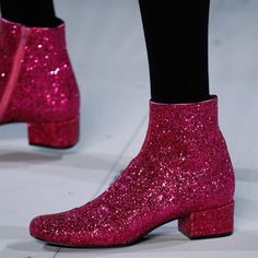 Handcrafted US sizing. Fits true to size. Saint Laurent 2014, Glitter Fashion, Catty Noir, Glitter Boots, Chunky Heel Ankle Boots, Pink Boots, Favourite Colour, Fall 2014, Pink Glitter