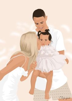 a man and woman holding a baby girl in their arms while she is wearing a white dress