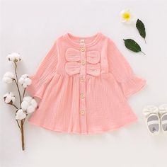 Girls Solid Color Long Sleeve Cotton Button Dress Girls Clothing Wholesalers - PrettyKid Spring Playdate Dresses With Buttons, Spring Dresses With Buttons For Playdate, Pink Long Sleeve Dress For Playdate, Long Sleeve Pink Dress For Playdate, Cute Cotton Button-up Dress, Cute Button-up Cotton Dresses, Pink Cotton Dresses With Button Closure, Dress For Baby Girl, Dress For Baby