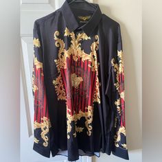 Premier Designs 2xl Black, Gold, & Red Versace Style Fashion Shirt. It Has A Silky Smooth Feel With A Classy, Elegant Look & Style. Never Worn, Like New. Gold Long Sleeve Shirt With Graphic Print, Red Versace, Design Black Gold, Versace Style, Premier Designs, Mens Shirt Dress, Look Fashion, Style Fashion, Shirt Style