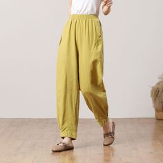 "Cool and comfortable for hot summer days, this linen pants is elegant and stylish.  It is a wonderful wardrobe staple that's a timeless classic you'll wear again and again.  ★★FEATURES Linen 55% + Cotton 45% ( Medium Weight，Comfortable, Breathable and Washed Soft fabric) Two side pockets, two back pockets Back elastic waist Wide leg pants Ginger linen pants Long linen pants Casual pants Loose pants Plus size pants Perfect for Spring, Summer ★★Size Chart: ❤ Size chart is the garment's measuremen Wide Leg Pants In Flax For Spring, Solid Color Linen Wide Leg Harem Pants, Wide Leg Linen Harem Pants, Summer Linen Harem Pants With Elastic Waistband, Solid Linen Trousers, Baggy Flax Bottoms For Summer, Beige Straight Leg Harem Pants For Summer, Solid Linen Ankle-length Harem Pants, Non-stretch Linen Harem Pants For Spring