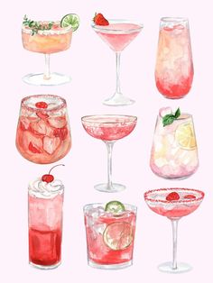 a watercolor painting of different types of drinks on a pink background, including cocktails and lemonade