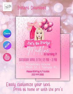 a pink birthday party flyer with an image of a barbie doll