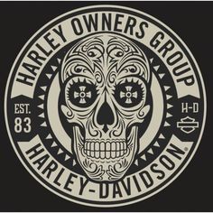 the harley owner's group logo is shown in white and black on a black background