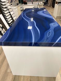 a blue counter top in a store