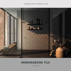 the interior of a bathroom is shown in black and white, with shelvingbone tile