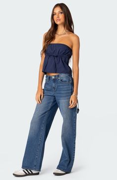 EDIKTED Reva Strapless Cotton Top | Nordstrom Bandeau Top Outfits, Satin Top Outfit, Tailgate Outfits, Tailgate Outfit, Going Out Tops, Strapless Tops, Summer Fits, Satin Top, Going Out Outfits