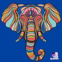 an elephant with colorful patterns on it's trunk and tusks, against a blue background