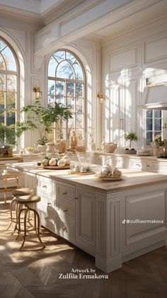 a large kitchen with an island in the middle and lots of windows on both sides