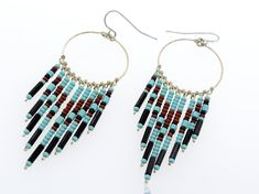 Southwest style beaded earrings with brown, black, and turquoise colored beads; hung on surgical steel hooks Dimensions: 2.5" x 1" Wire Jewelry Designs, Southwest Style, Turquoise Color, Wire Jewelry, Beaded Earrings, Bead Work, Beaded Jewelry, Beading, Jewelry Design