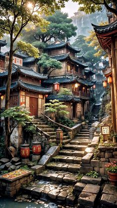 Japan Architecture Drawing, Japanese Village Aesthetic, Japanese Village Art, Chinese Village, Japanese Temples, Japanese Buildings, Digital Portrait Illustration