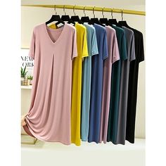 Season:Fall,Summer; Fabric:Modal; Sleeve Length:Short Sleeve; Gender:Women's; Nightwear Style:Pajamas,Nightgown,Nightshirt,Dress; Style:Soft,Simple,Casual; Elasticity:Micro-elastic; Occasion:Daily,Bed,Home; Age Group:Adults; Function:Breathable; Pattern:Pure Color; Neckline:V Wire; Listing Date:07/26/2023; Length:; Bust: Casual Dresses Plus Size, Full Skirt Dress, Women's Pajamas, Casual Home, Women's Nightgowns, Sleep Dress, Knee Dress, Nightgowns, Night Shirt