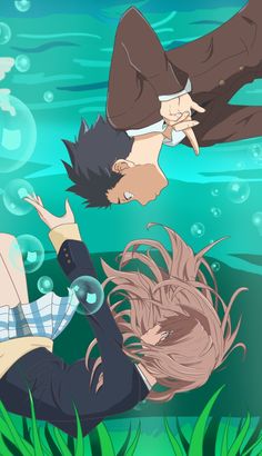 two anime characters floating in the water