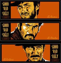 three different movie posters with the same character in each film, one is wearing a cowboy hat