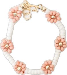 Cute White Flower Bracelets, Adjustable White Flower Stretch Bracelet, Adjustable White Stretch Bracelet With Flower Shape, Cute White Bracelet With Flower Charm, Cute White Bracelets With Flower Charm, Gold Beaded Bracelet With Flower Charm, White Flower-shaped Hand-strung Jewelry, White Hand-strung Flower-shaped Jewelry, Dainty White Adjustable Stretch Bracelet