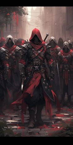 a group of men in armor standing next to each other on a street with red flags