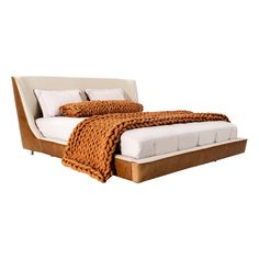 a bed that has some pillows on it and is made out of wood with white sheets