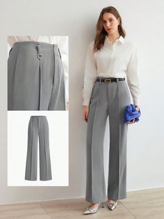 WOVEN WOMEN'S SEAM FRONT STRAIGHT LEG SUIT PANTS Grey    Woven Fabric Plain Wide Leg Non-Stretch  Women Clothing, size features are:Bust: ,Length: ,Sleeve Length: Drop Shoulder Cardigan, Style Pant, Clothing Design Sketches, Women's Summer Fashion, Dress Codes, Cardigans For Women, Colorful Leggings, Everyday Outfits, Suits For Women