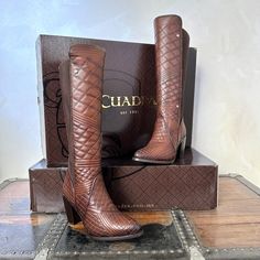 High boot for woman in genuine bovine leather. Tube with original engravings, decorated with a leather straps with metallic appliqués around the ankle. Wear them with dresses and skirts to remain cool. MADE IN MEXICO Brand: Cuadra For: Women (view size chart) Details: - Style: CU402 - Sku: 3F37RS - Round toe - Interior zip-closure - Leather upper with textile - Cross stitching design throughout - Studs accent - Western fashion heel with silver-toned heel rand - Solid honey design - Imported - Le Elegant Brown Snip Toe Boots, Luxury Snip Toe Heeled Boots For Fall, Western Leather Boots For Formal Occasions, Luxury Snip Toe Boots With Leather Lining, Luxury Boots With Leather Lining And Snip Toe, Luxury Heeled Boots For Galas, Elegant Brown Heeled Boots With Snip Toe, Luxury Leather Heeled Boots For Formal Occasions, Western Leather Boots In Cognac Color