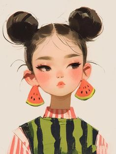 a drawing of a girl with watermelon slices in her hair and an earring