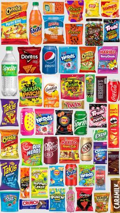 a collage of different types of snacks and drinks in various flavors, from orange to red