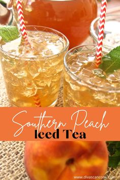 two glasses filled with iced tea sitting on top of a table