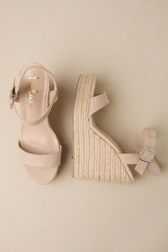 Seize the day and make it great in the Lulus Beachy Dreams Natural Suede Espadrille Wedges! Soft beige-colored suede shapes a fun peep-toe upper and matching quarter strap that secures with a silver buckle. Trendy espadrille details wrap around the 1.25"" toe platform and the sturdy wedge heel adding a beachy, relaxed vibe. 5" espadrille-wrapped wedge. Cushioned insole. Felted rubber sole has nonskid markings. Upper Material: Fabric. Sole Material: TPR. Imported. Lulus | Beachy Dreams Natural Su Adjustable Beige Summer Heels, Beige Suede Open Toe Wedge Sandals, Cream Suede Heels For Summer, Beige Suede Heels For Spring, Spring Suede Heels With Adjustable Fit, Summer Beige Suede Heels, Adjustable Suede Heels For Spring, Beige Suede Heels For Summer, Beige Suede Sandals For Spring