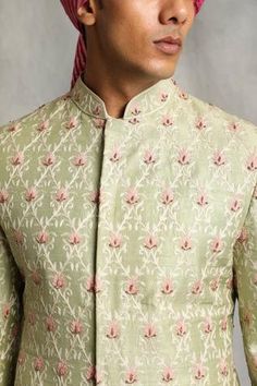 Shop for Gargee Designers Green Raw Silk Floral Embroidered Sherwani Set for Men Online at Aza Fashions Green Sherwani, Embroidered Sherwani, Mens Kurta Designs, Embroidered Motifs, Kurta Designs, Full Sleeves, Embroidered Silk, Raw Silk, Mandarin Collar