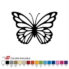 a black and white drawing of a butterfly with color swats on it's wings