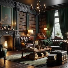 a living room filled with furniture and a fire place in front of a book shelf