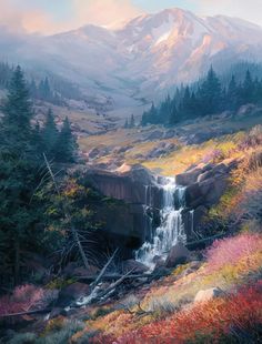 a painting of a waterfall in the mountains