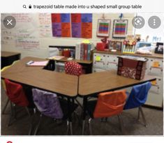 an empty classroom with desks and colorful chairs