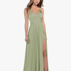 Very Very Nice! It Was Actually Too Formal For The Wedding I’m Attending. The Corset Back Really Sucks You In. Highly Recommend New W Tags Green V-neck Bridesmaid Dress For Wedding, Green Summer Bridesmaid Dress For Formal Occasions, Green V-neck Bridesmaid Gown, Summer Formal Green Bridesmaid Dress, Green Formal Bridesmaid Dress For Prom Season, Green Bridesmaid Dress For Prom, Fitted Sage Party Dress, Sage Fitted Party Dress, Sage Green Silk Dress