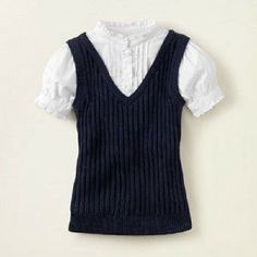 Build her wardrobe in style with this adorable ruffle neck sweater vest top from The Children's Place.  Looks great, feels comfortable and goes anywhere. Buy with confidence knowing you'll receive the high quality that The Children's Place brand is known for.   Size XS (4). Fits: 34-37 lbs. 39-42 inches.  Slightly shirred sleeves with ruffle trim. Three button placket collar with ruffles around neckline. Cotton/polyester poplin piecing underneath for a faux-layered look. Rib knit trim at waistli Preppy Cotton Tops For Winter, Preppy Cotton Winter Tops, Classic Fitted Tops For School, Classic Fall Tops For School, Fitted Cotton Preppy Tops, Fitted Preppy Tops For School, Fitted Preppy Cotton Tops, Preppy Fitted Cotton Tops, Fitted Preppy Tops