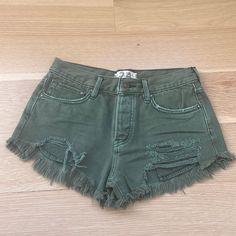 Such A Cute Army Green Pair Of Denim Shorts!! Nwot And Such A Good Staple To Have In Your Closet But In A Fun Color. Great Quality Too! Trendy Green Cutoff Shorts, Green Cotton Jeans With Frayed Hem, Ripped Green Cotton Bottoms, Green Denim Jean Shorts With Pockets, Trendy Green Cutoff Jean Shorts, Green Shorts With Frayed Hem, Trendy Green Distressed Bottoms, Casual Green Cutoff Jean Shorts, Green Bottoms With Frayed Hem In Short Length