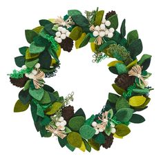 a wreath with green leaves and white flowers