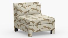 a cheetah print upholstered chair with black legs and footrests