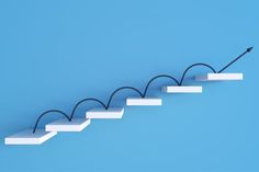 an arrow is going up the stairs with one end pointing upward on a blue background