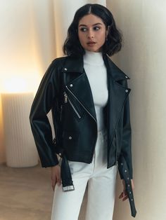 Edgy Belted Biker Jacket For Work, Trendy Outerwear With Belt Loops For Fall, Trendy Fall Outerwear With Belt Loops, Edgy Biker Jacket With Belt Loops For Workwear, Trendy Asymmetrical Zip Leather Jacket, Trendy Leather Jacket With Asymmetrical Zip, Chic Long Sleeve Leather Jacket With Belt, Edgy Leather Jacket With Belt Loops For Fall, Belted Biker Jacket For Workwear