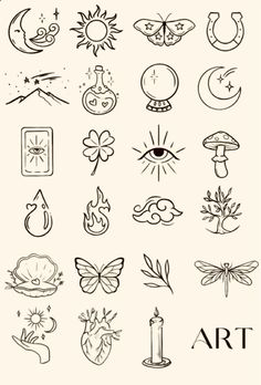 an image of various tattoo designs on a white background with the words art written in black ink