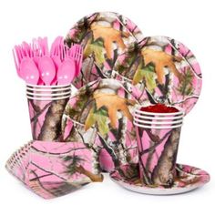 pink camo party supplies including plates, cups and utensils