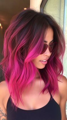 Elevate your style with raspberry pink ombre that pops against tan skin. Visit our page for tips on achieving this bold look. Save this pin for ombre inspiration! Tags: #RaspberryPinkOmbre #HairColor #TanSkin Maroon To Pink Ombre Hair, Bright Pink Ombre Hair, Vivid Hair With Shadow Root, Fuschia Ombre Hair, Pink With Shadow Root, Dark To Pink Hair, Pink Baylage Hair Dark Brown, Pink Color Melt Hair, Hot Pink Hair With Dark Roots