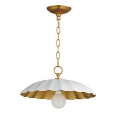 an antique brass and white glass pendant light hanging from a chain on a white background