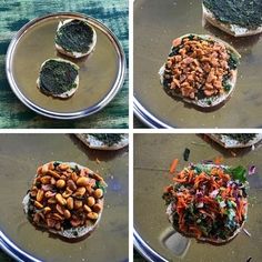 four different views of food being prepared on a plate