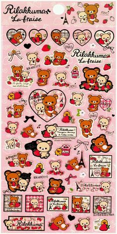 a pink sticker sheet with lots of teddy bears and hearts on the back of it