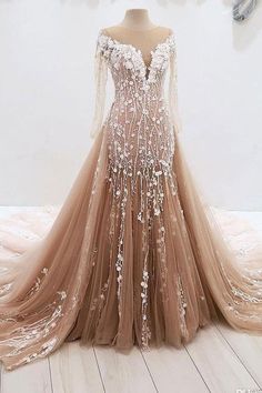 Prom Dress Champagne, Prom Dresses Tulle, Lace Long Prom Dress, Baju Kahwin, Champagne Prom Dress, Dresses Tulle, Wedding Dress Champagne, Dress Champagne, Tulle Evening Dress