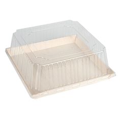 a clear plastic container on a white background