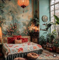 a bed room with a neatly made bed and lots of plants