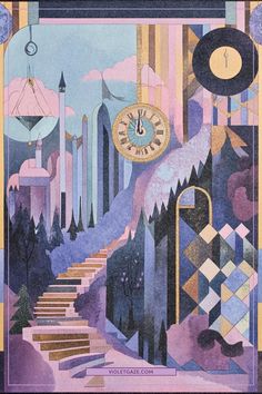 a painting with stairs and a clock in the middle