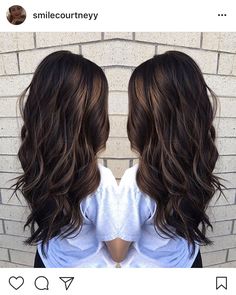 Trendy Womens Haircuts 2023 Long, Very Dark Brown Hair With Lowlights, Long Brown Fall Hair, Women’s Dark Hair Color, Dark Brown Hair 2023 Trends, Dark Hair With Medium Highlights, Dark Brunette Hair With Lowlights Fall, Hair Color Ideas For Long Brown Hair, Dark Fall Hair With Highlights